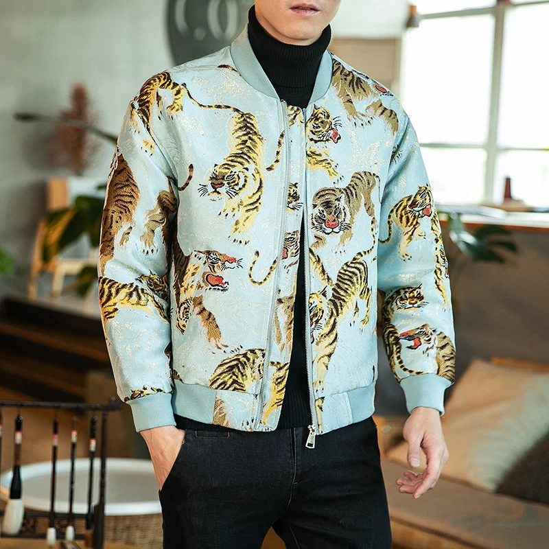 JK88lightbluetiger Осенняя куртка, утолщенная винтажная Мужская куртка, Chaquetas Hombre Corta Vientos Hombre Ropa Hombre, Свободное пальто с вышивкой животных - Цвет: JK88lightbluetiger