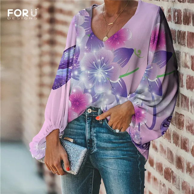 FORUDESIGNS/женские шифоновые блузки с v-образным вырезом, свободные топы с рукавами-фонариками для женщин, повседневная одежда с объемными бабочками, женская блузка - Цвет: HMC3081B2