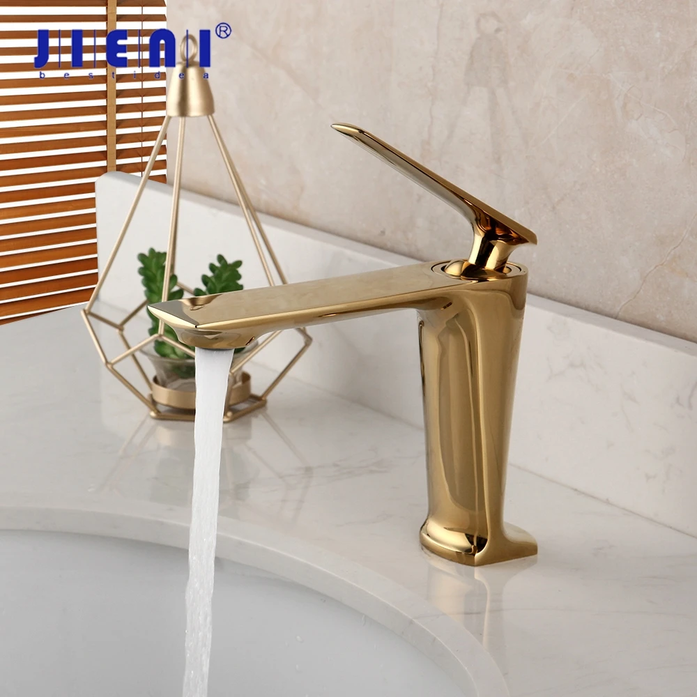 JIENI Golden Polished Bathroom Basin Faucet Brass Rose Gold Plated Deck Mount Vanity Mixer Plumbing Fixture Stream Tap | Обустройство
