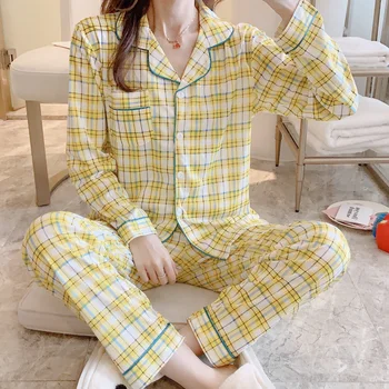 

Summer Autumn Long Sleeve Pajamas For Women Cotton Good Quality 2 Pcs Lapel Pyjama Sets Loose Comfort Night Sleepwear