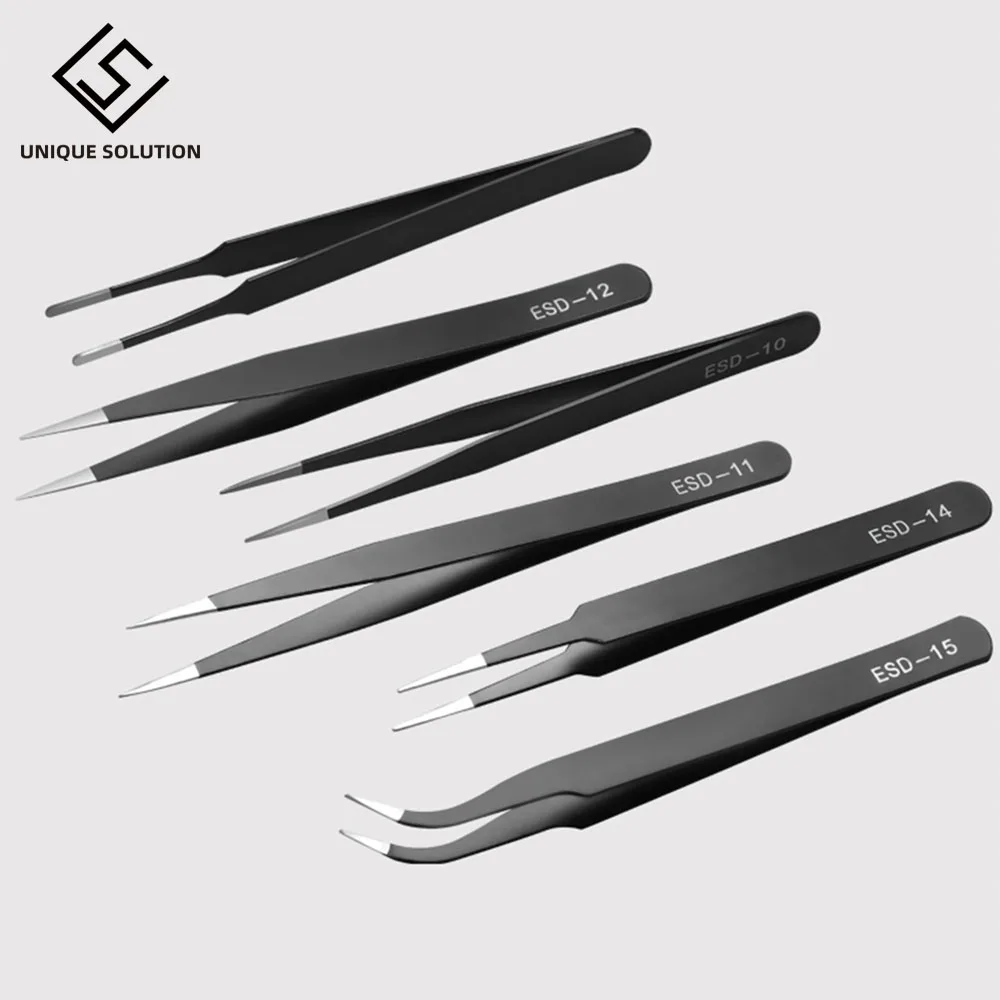 6Pcs Anti-static ESD Stainless Steel Tweezers Maintenance Tools Industrial Precision Curved Straight Tweezers Repair Tools 2019