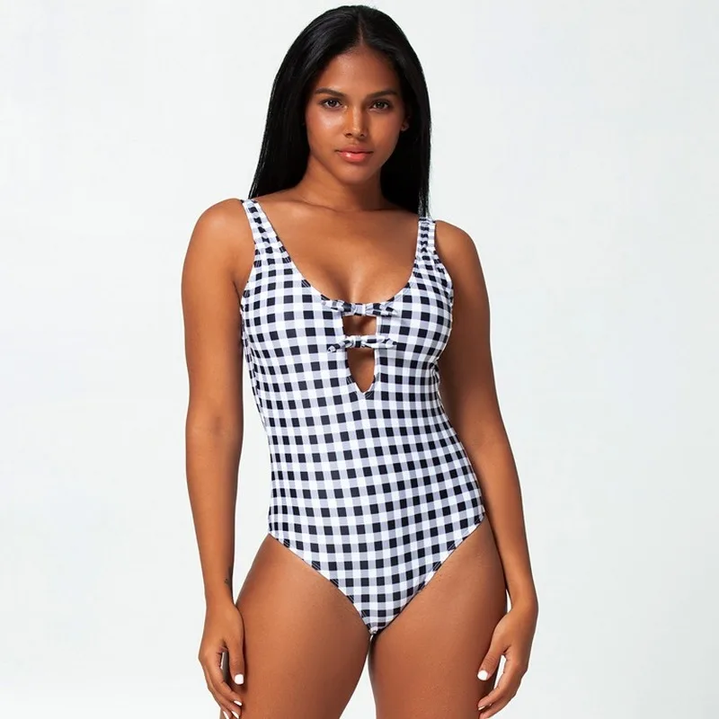 

2020 New European and American Sexy One-piece Bikini Swimsuit Black and White Check Sling Chest Buckle Backless Swimsuit Women