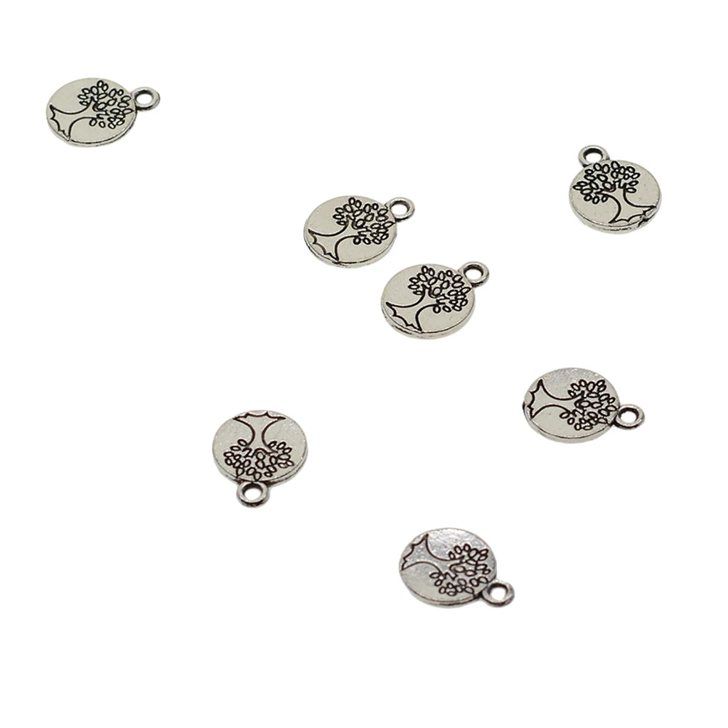 Wholesale 50pcs Tibetan silver color Plated Engraved Tree of life Charms Pendants for Jewelry Making DIY Handmade Craft Accessory 15mm