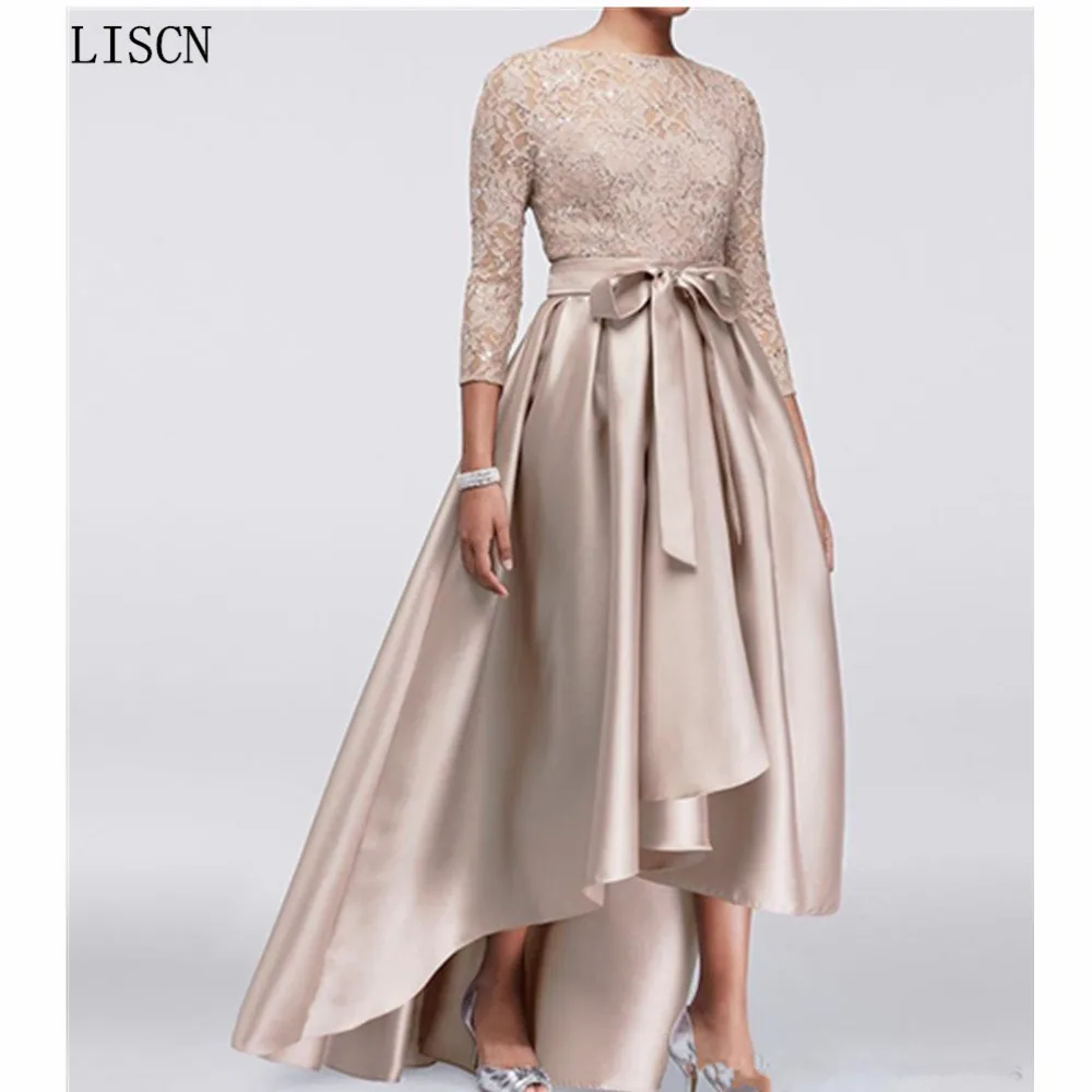 

Shiny Elastic Silk High Low Mother of the Bride Dress A Line 3/4 Long Sleeve Beads Lace Short Satin Wedding Party Gown Champagne