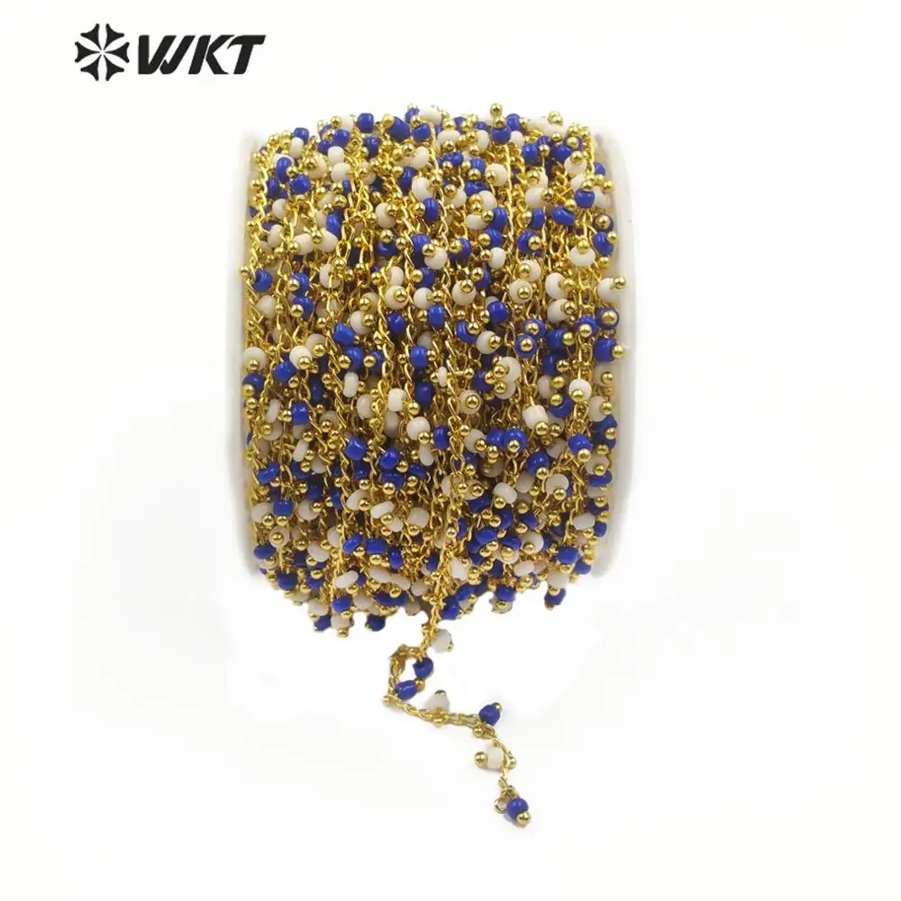 

WT-RBC127 Wholesale price Natural Stone Chain 3mm blue white Beads Chain With Gold Electroplated Rosary Chain For Jewelry Making
