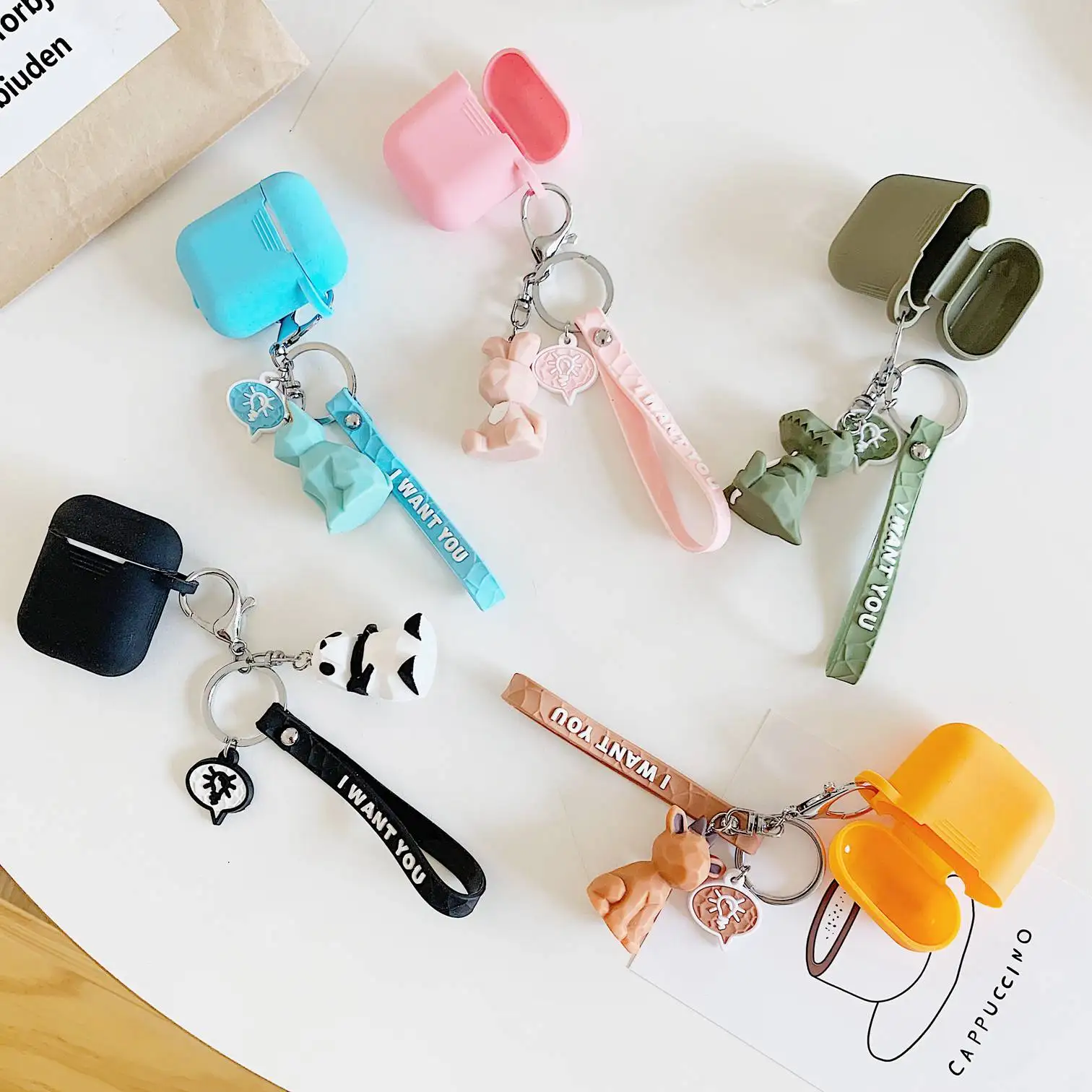 

For AirPods case cute Rabbit panda dinosaur Cartoon with key ring Silicone Case For Air pods 2 Earphone Cover with keychain