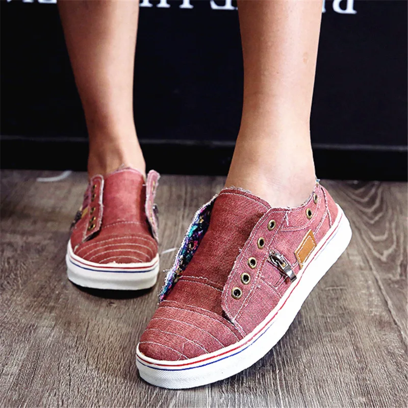 

Large Size WOMEN'S Casual Shoes Hot Selling Belt Buckle Eye Zipper Flat Canvas Shoes