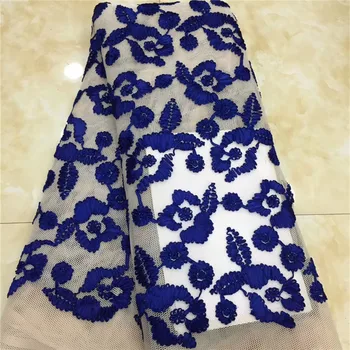 

New Design white African Mesh Lace Fabric High Quality Nigerian Tulle Lace French Net Lace With Beads Royal Blue For Dress