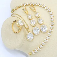 Новые белые циркониевые золотого цвета набор украшений для женщин с браслетом длинные серьги ожерелье кулон кольцо подарок на день рождения