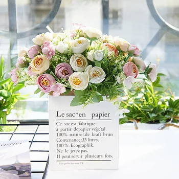 

White Roses Artificial Flowers Stamen Silk Fake Flower Outdoor Garden Balcony Decor Small Bouquet for Wedding Home Decoration