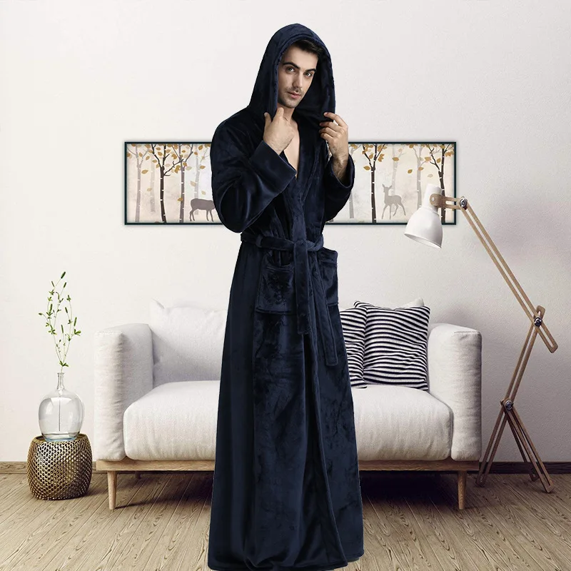 Women Winter Hooded Extra Long Thick Flannel Bath Robe Luxury Peignoir Warm Dressing Gown Men Bathrobe Bridesmaid Wedding Robes - Цвет: Men navy blue