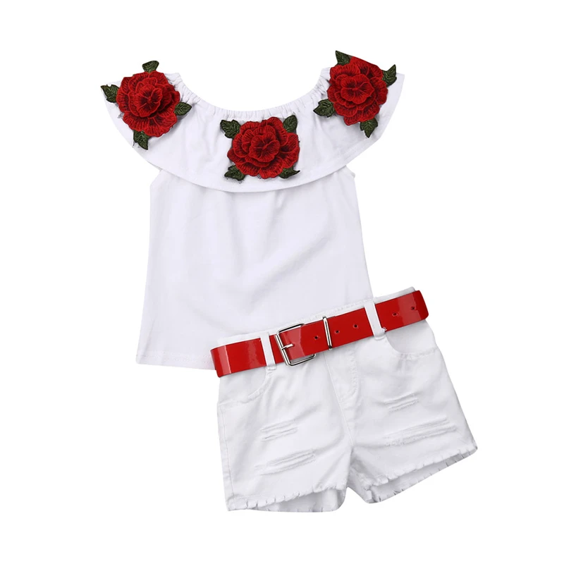 Kids Clothing Set Girls Rose Flower Off Shoulder Tops+Denim Shorts Baby Girl Summer 2PCS