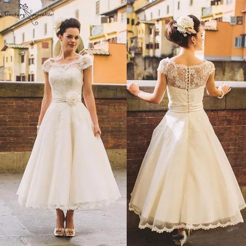 Недорогие свадебные платья Vestido De Noiva, короткие, длиной до лодыжки, короткие рукава, Кружевная аппликация, цветы, свадебные платья, платье невесты