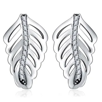 

Authentic 925 Sterling Silver Earring Shimmering Feathers With Crystal Studs Earrings For Women Wedding Gift Fine Jewelry
