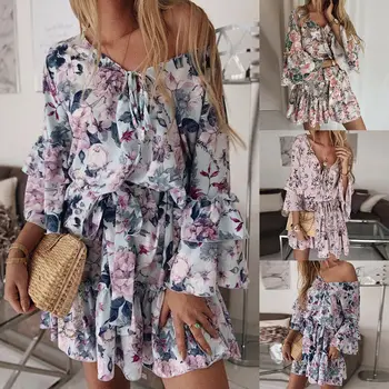 

Women's Summer Floral Printed Long Sleeve V Neck Mini Dress Ruffle Frill Beach Sundress