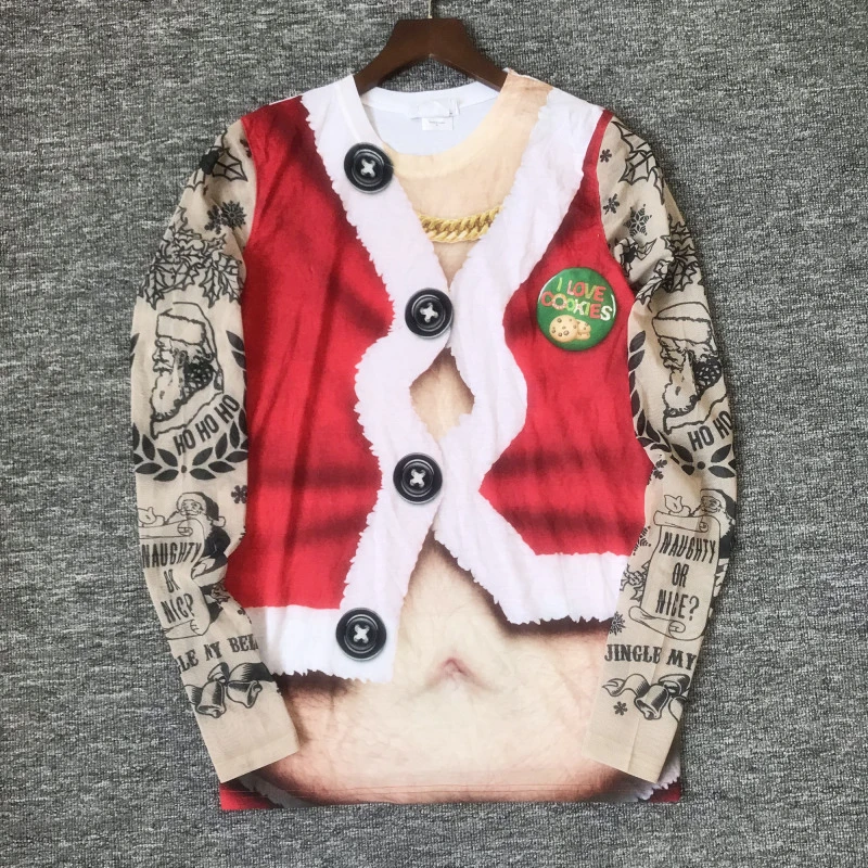 Tacky Fat Hat Санта Клаус напечатал уродливое Рождество футболка для мужчин забавные Tatoo Санта с длинным рукавом уродливое Рождество футболки Плюс Размер