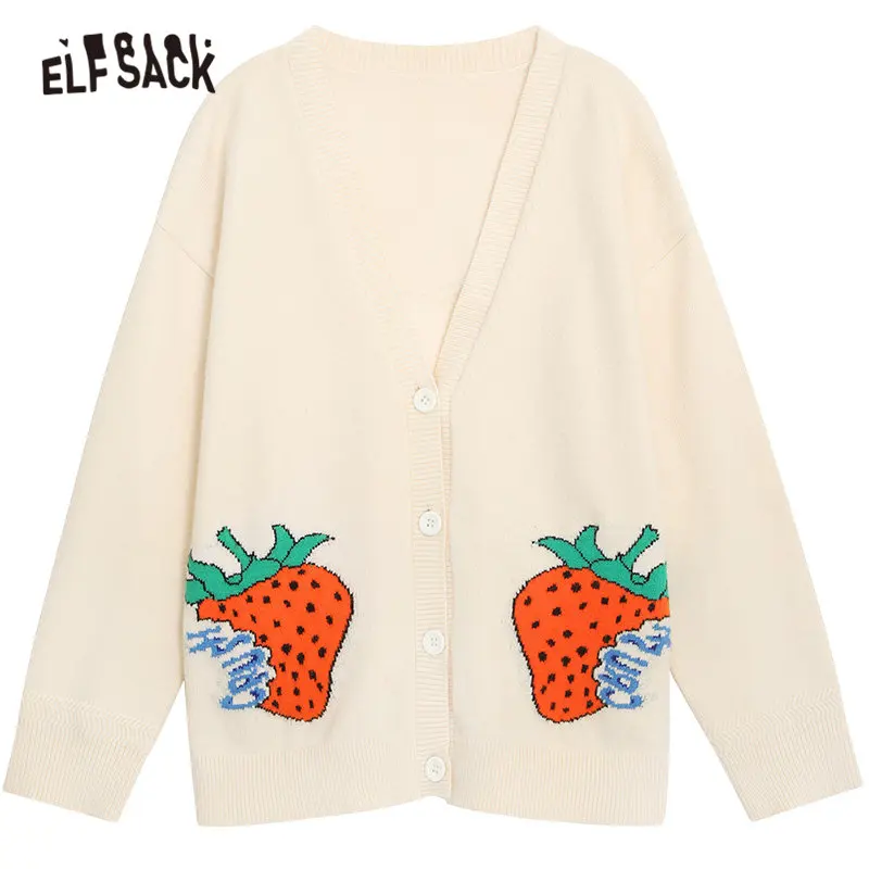 Apricot ELFSACK V образным вырезом и принтом в виде Клубнички и Повседневное в консервативном стиле кардиган свитер женская одежда абрикосового цвета корейский стиль женские свитера - Цвет: Apricot