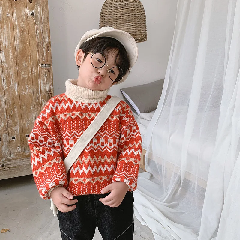 Red children's clothes Korean version of the vintage girl pile collar sweater winter thick children's turtleneck sweater boy - Цвет: Red
