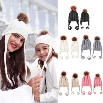 

Parent-child Warm Crochet Knit Hat Beanie Double Braid Bobble Cap Xmas Gift
