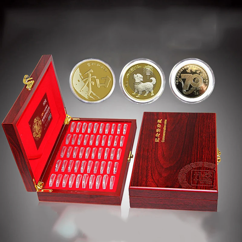 Wooden Coins Display Storage Box Case+100 Grids Round Slab For Certified Coin