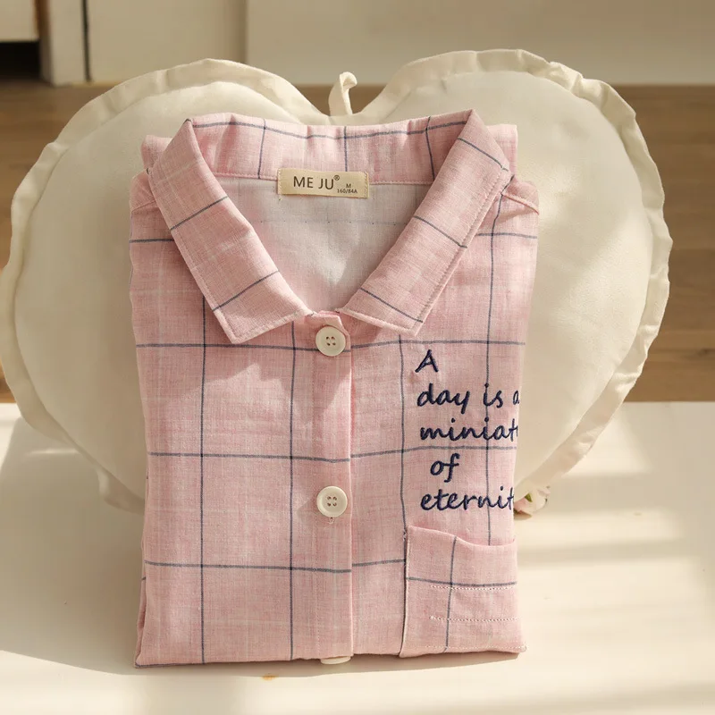 

Pure Cotton Pajamas Women Long Sleeve Japanese Style Plaid 100% Cotton Gauze Thin Type for Spring And Autumn Summer Fold-down Co