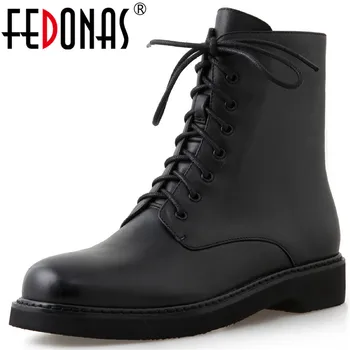 

FEDONAS Genuine Leather Women's Winter Shoes 2020 Fall Cross Tied Thick Heels Shoes Woman Fashion Working Ankle Boots Newest