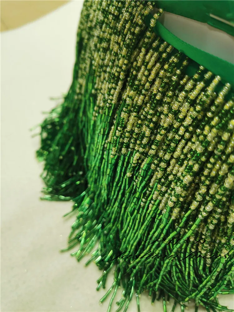 emerald green long beaded fringes trim for clothing beaded tassel trim
