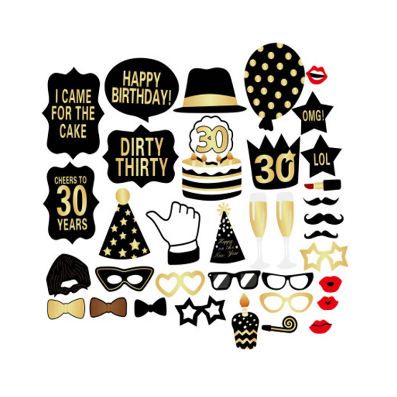 

36pcs Fun Party Decoration Photo Booth Props 30s birthday Photo booth Props for Birthday Party Decor Photo Accessorie DIY Kit