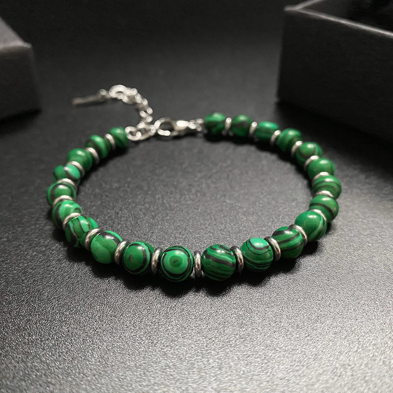 Runda Men's Natural Stone Bracelet Malachite 6mm with Stainless Steel Adjustable Size 22cm Handmade Bead Bracelet for Women