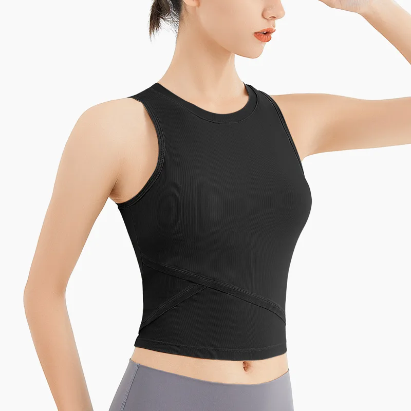 Women's Yoga Shirt with Chest Pad High Elastic Breathable Sleeveless Fitness Crop Top Running Training Sports Vest 4 Colors S-XL