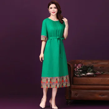 

2020 Spring Summer New National Style Receive Waist Waistband Green Female Work Wear Travel Romantic Casual Loose Slim Dresses