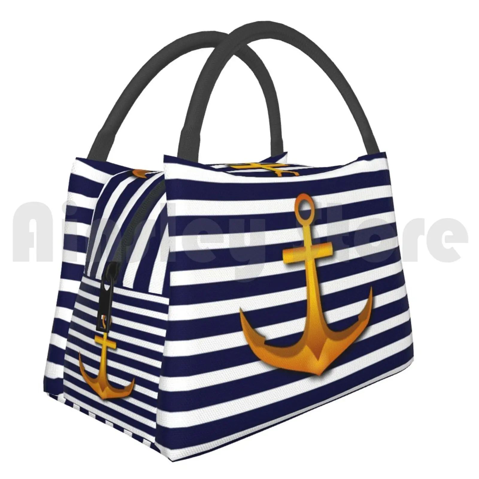 

Cooler Lunch Bag Picnic Bag Marine Stripe White And Blue Navy Navy Style Marine Anchor