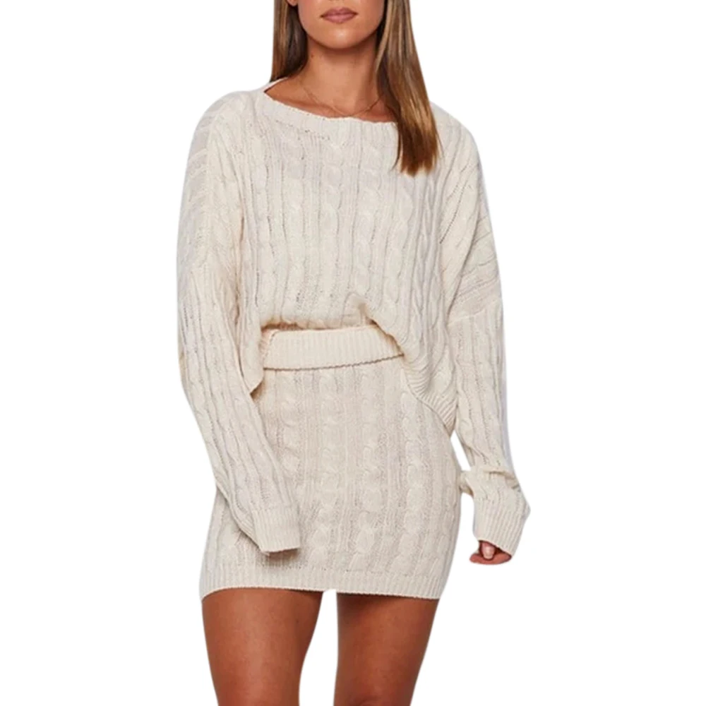 Autumn Women Sweater Knitted O-neck Solid Long Sleeve Crop Top and Skirt Set Clothing Womens Knitwear thin | Женская одежда