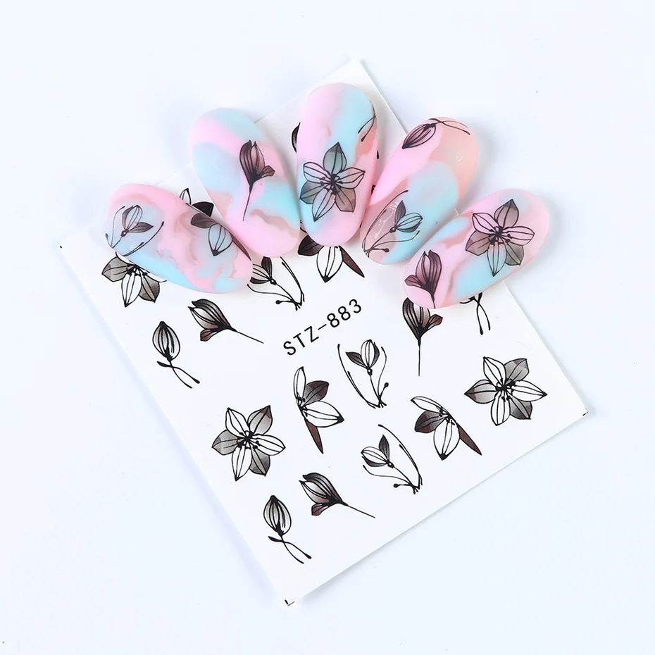 14pcs Nail Stickers on Nails Blooming Flower Butterfly Watercolor Water Transfer Hollow Slider For Nails Art Decor JISTZ880-902