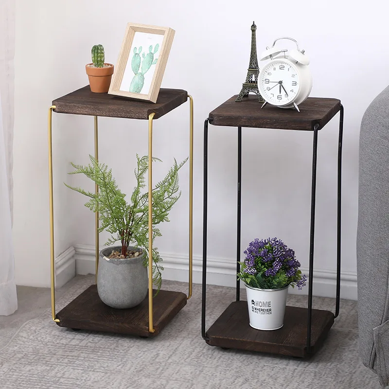 Iron flower rack wooden shelf balcony floor type plant rack double-layer Storage Rack plant stand wooden flower shelf