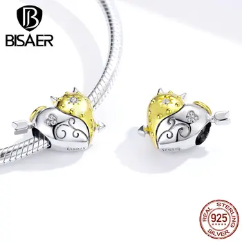 

BISAER 100% 925 Sterling Silver Angel & Devil Beads Pendants Gold Color For Women Charm Bracelet DIY Jewelry Making HVC107