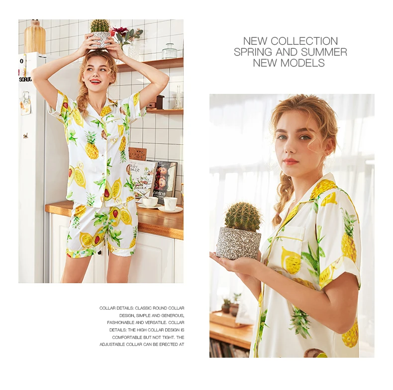 YAOTING новая шелковая стильная Пижама женская летняя новая ананасовая шорты с короткими рукавами Домашняя одежда из двух предметов TZ1072