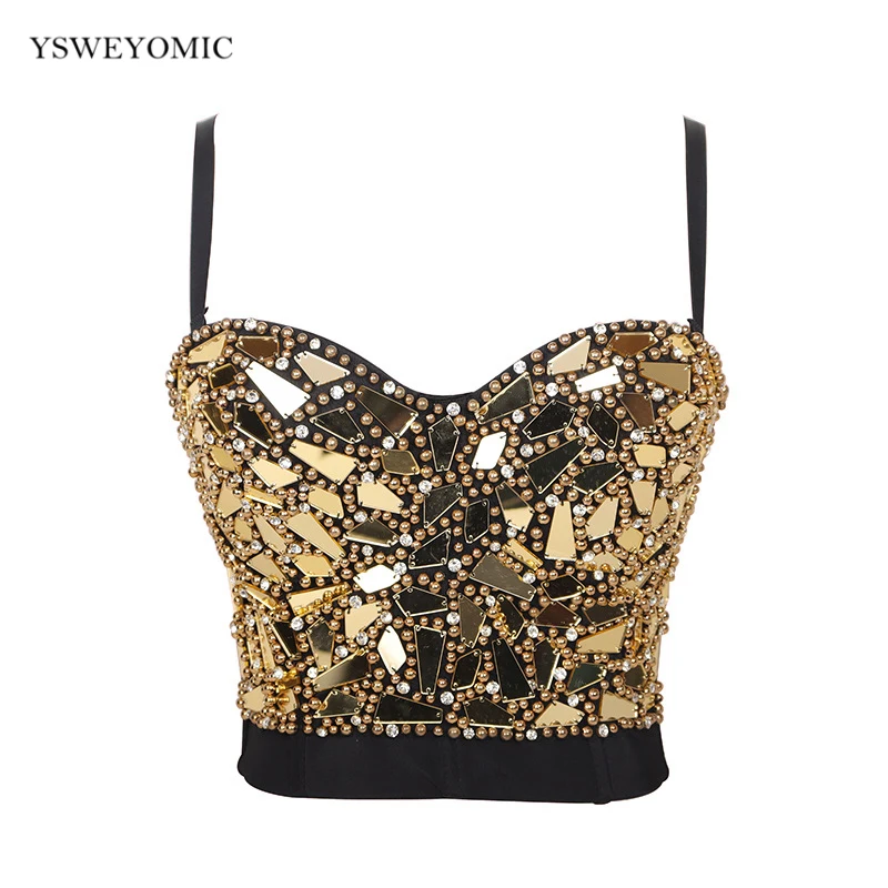 Женские золотые серебряные красные синие укороченные топы с блестками топ