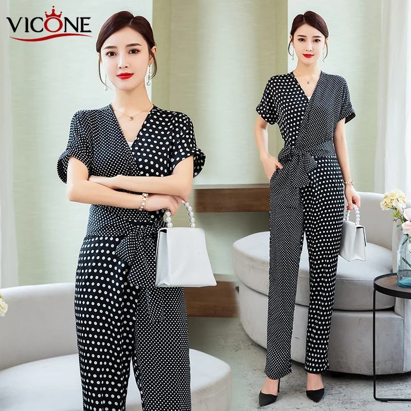 

VICONE V-neck Temperament Show Thin Straight Wave Point Printed Chiffon Jumpsuit