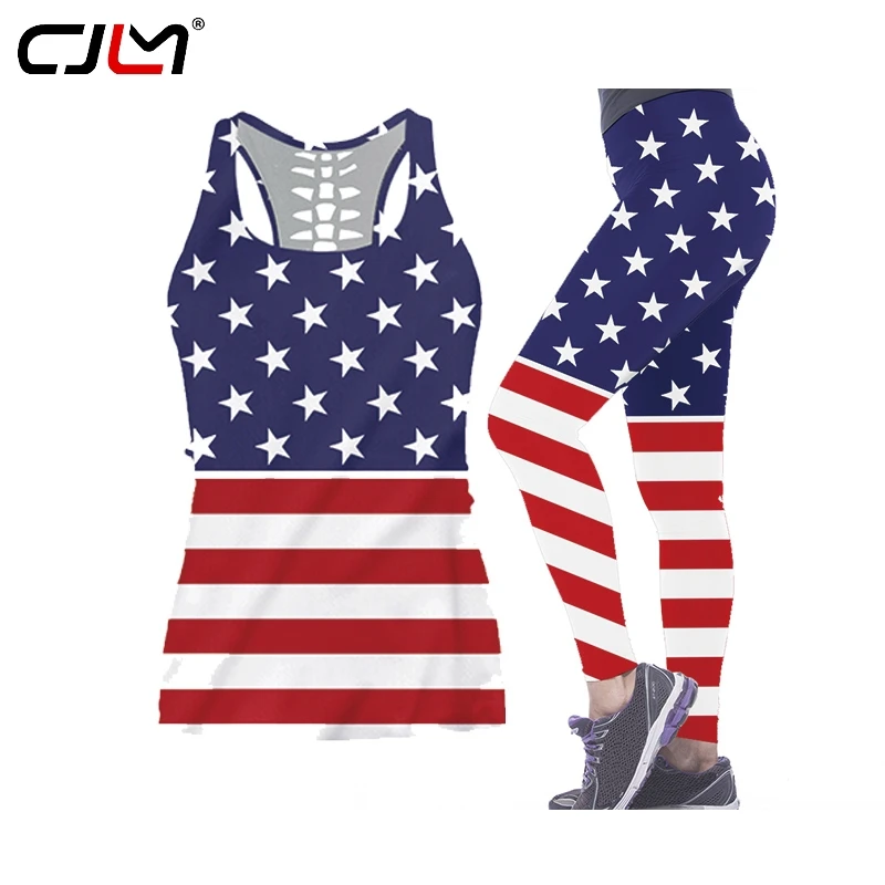 

CJLM Design Hollow Tanktop For Women 2020 Summer Sexy Sleeveless Vest Girl Tank Top American Flag Large Size Leggings Set