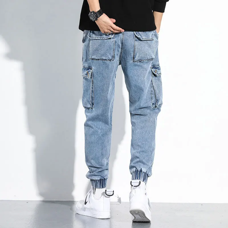Cheap Fashion Streetwear Men Jeans Loose Fit Big Pocket Cargo Pants Harem Trousers Blue Color Japanese Style Hip Hop Jeans Men Joggers