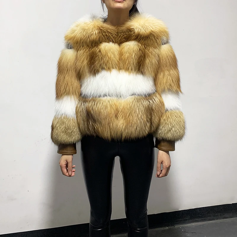 

rf2019 Luxury Short Style Real Rex Fox with White Fox Fur Coat Genuine Leather Cuffs Natural Fur Jacket Winter Real Fur Outwear