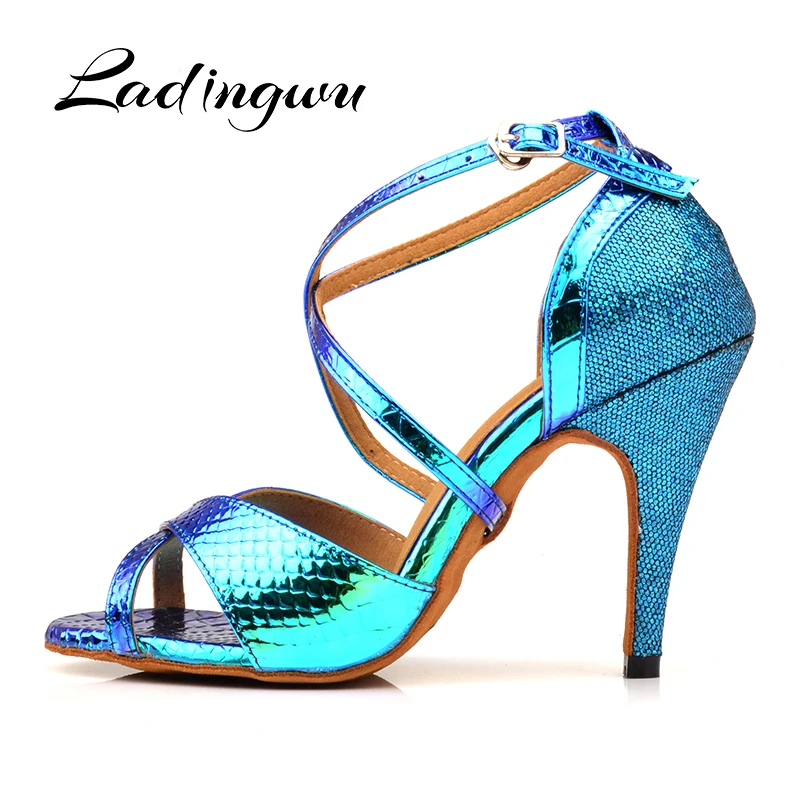 Ladingwu Latin Dance Shoes Women Ballroom Dance Shoes For Women Laser PU and Glitter Blue Gold Silver Dance Heels Sandals Women 4