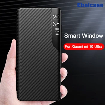 

Ebaicase Original Flip Case For Xiaomi Mi 10 Ultra Case Luxury Carbon Fiber Texture Leather Smart Clear View Stand Flip Case