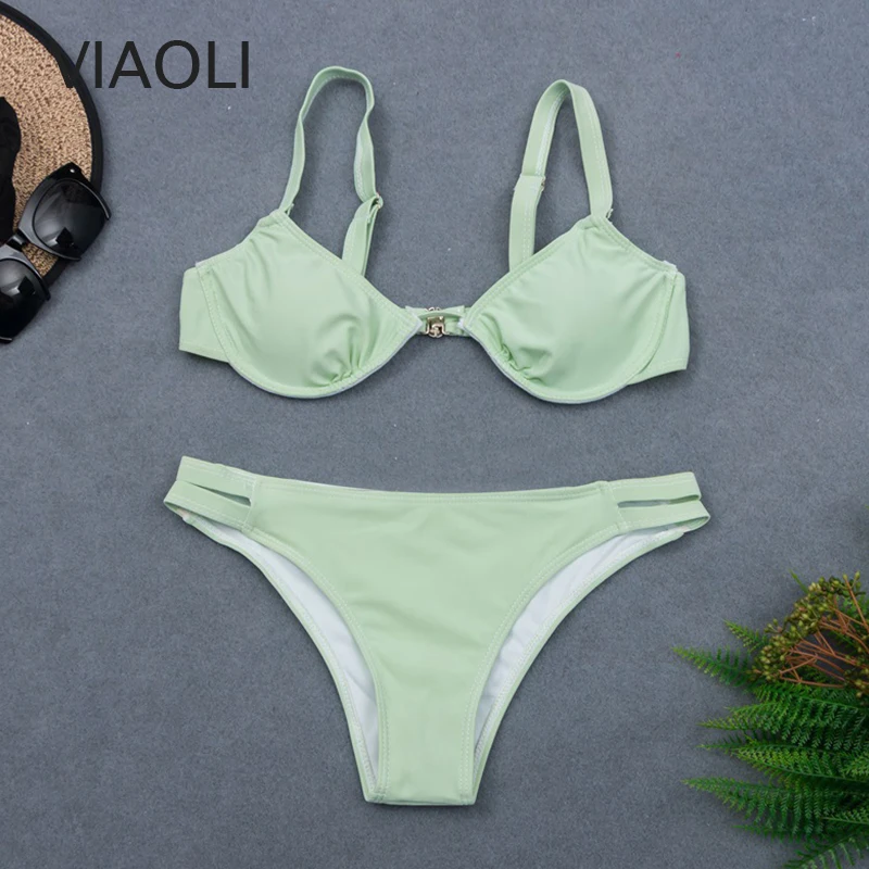 

Women Fresh Green Swimsuits New Push-up Bikini Set Vintage Split Two Pieces Swimsuit Low Waist Triangle Swimwear Bathing Suit
