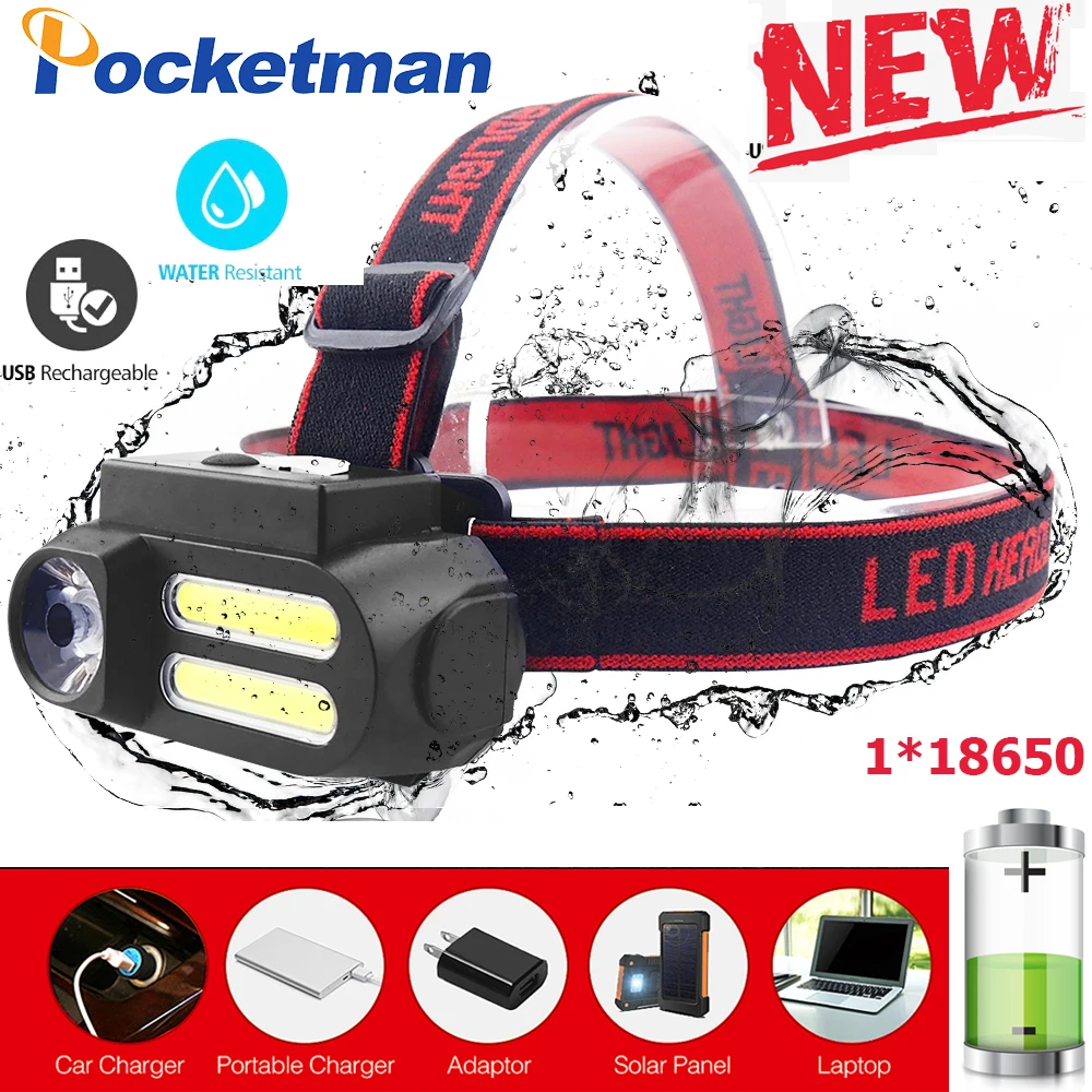 

Portabl Headlamp XPE+2* COB LED Work light Waterproof USB Rechargeable Head Light powered by 1*18650 battery Best for Camping