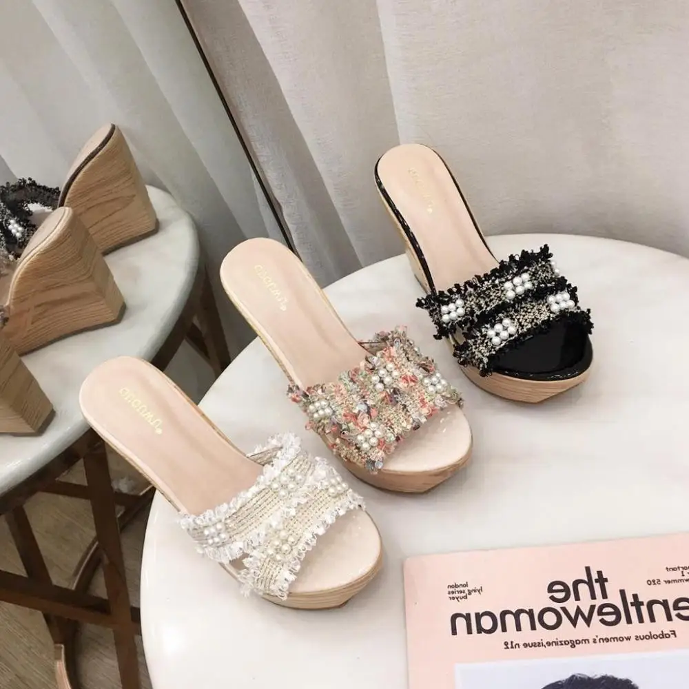 

Shoes String Bead Slippers Heels 2019 New Women Slides On A Wedge Platform High T Transparent Flat Sliders Luxury Rubber Cotton
