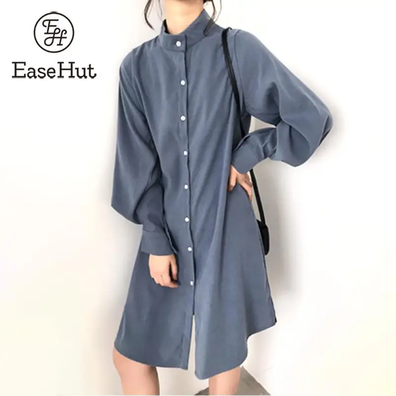 

EaseHut Vintage Autumn Women Shirt Dress Stand Collar Lantren Long Sleeve Casual Dresses 2019 Fall Slit Asymmetric Mini Dress
