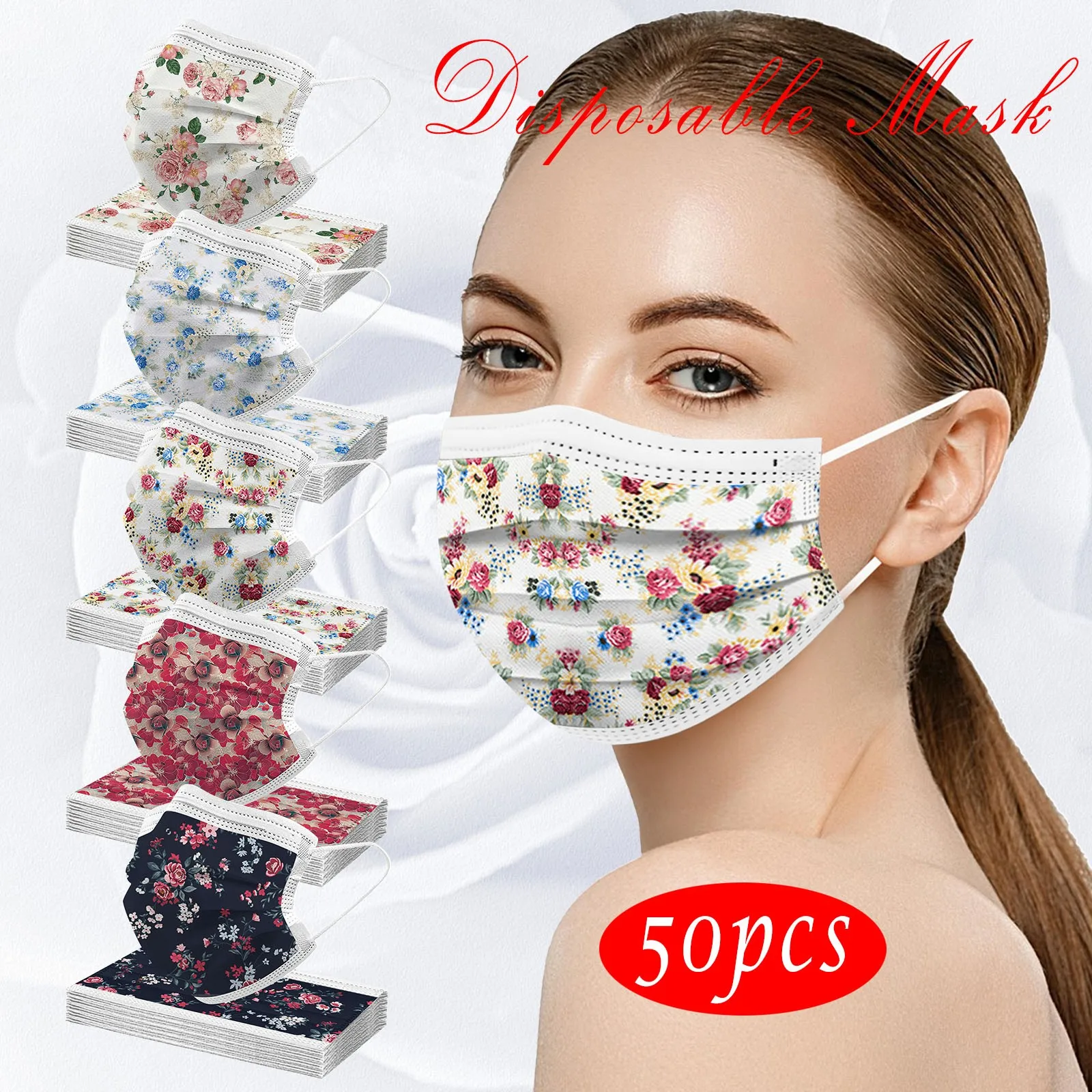 50PCS Adults Beautiful Elegant Flower Prints Breathable 3 -Layer Disposable 3Ply mascarilla Monder Scarf Halloween Cosplay MasK |