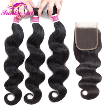 

Funky Girl Hair 3/4 Bundles Deal Malaysia Body Wave Bundles With Closure Non-Remy Human Hair Weave Lace Closure With Bundles